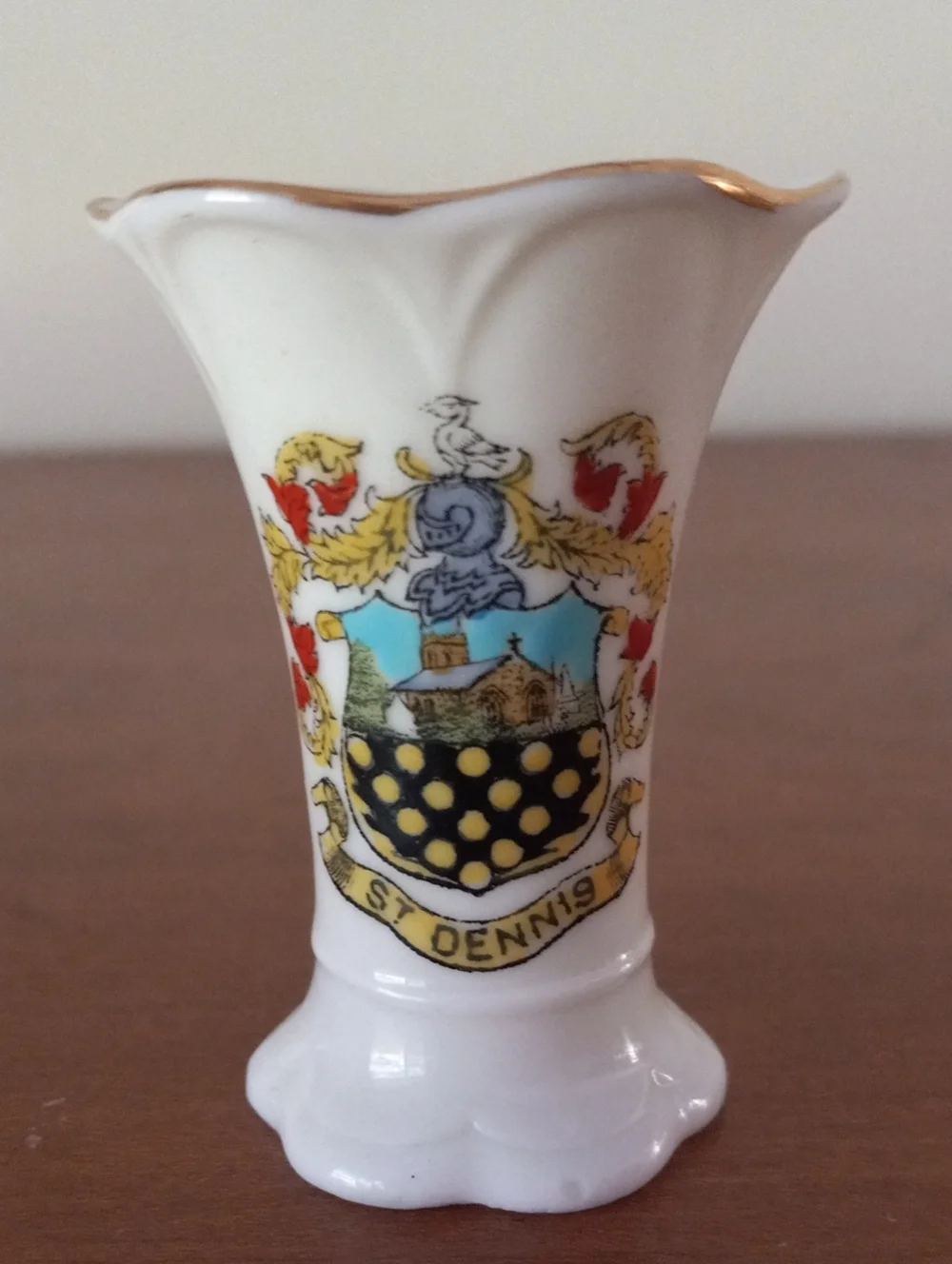 Antique Crested China Miniature Vase - St Dennis Coat of Arms Gold Trim
